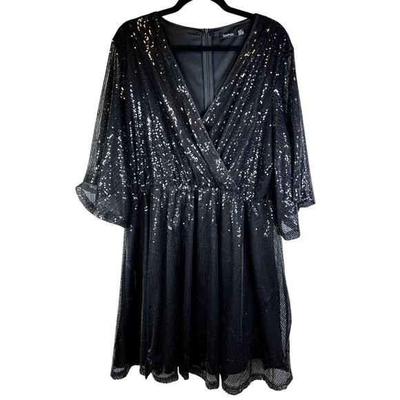 Boohoo Size 18 Sequin Kimono Sleeve Skater Dress Black Cocktail Party - Picture 3 of 14